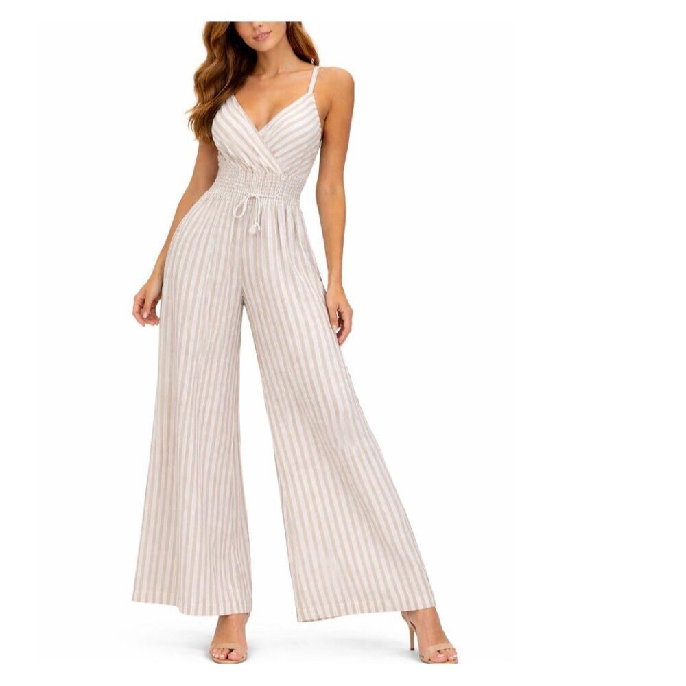 Island Blue romper jumpsuit ivory gold wide leg V-neck gold elastic waist SZ SM*